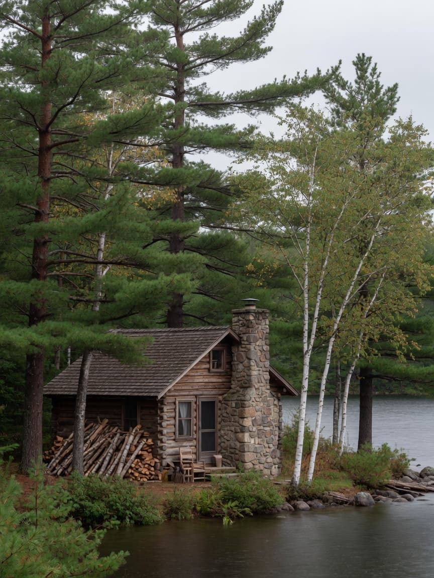 Log cabin among pines and birch on a Minnesota lake shore